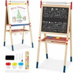 COSTWAY 3en1 Chevalet De Peintre Pour Enfants Avec Rouleau De Papier Tableau Magnétique Blanc & Noir En Bois De Pin Hauteur Réglable