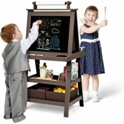 GOPLUS Chevalet Pour Enfants Double Faces Noir Et Blanc, Tableau De Dessin Magnétique Avec Rouleau De Papier Bo?tes De Rangement, Tableau De Peinture Multifonction Accessoires Complets (Café)